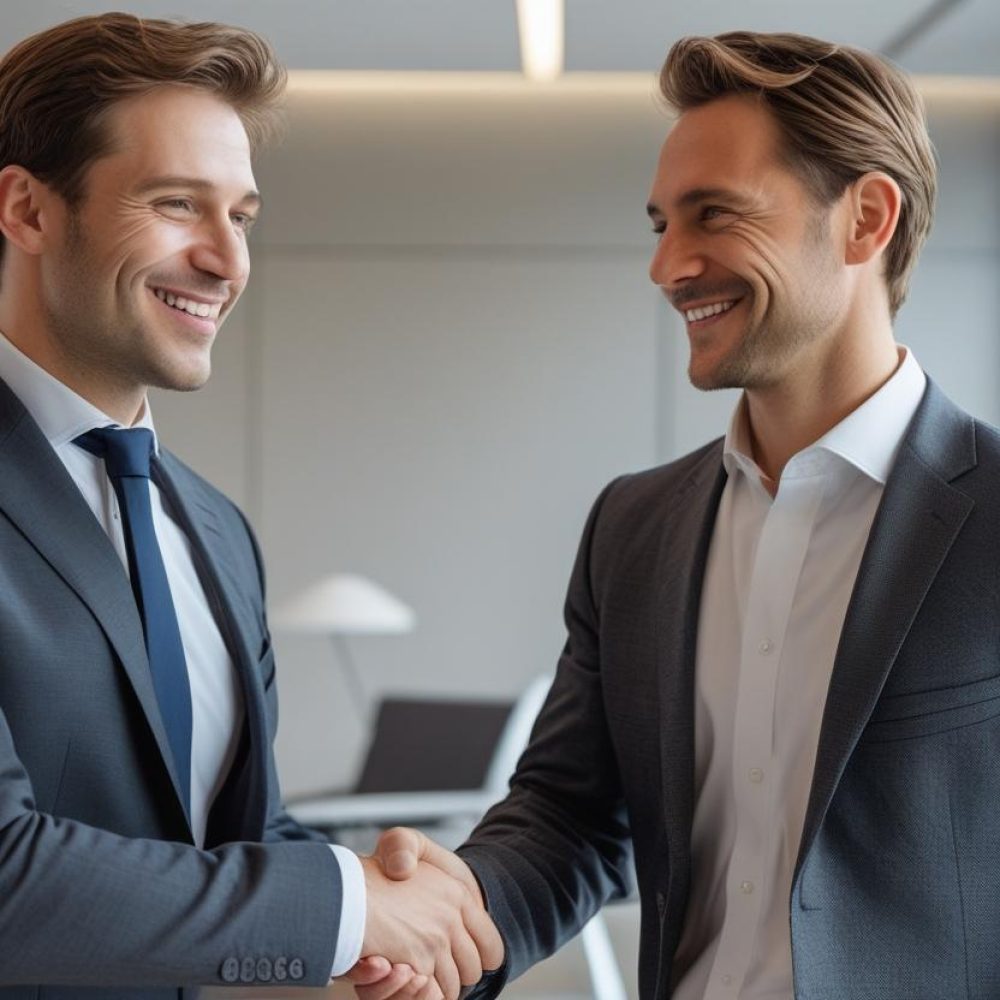 Business owners shaking hands with a professional, or smiling inside their office.